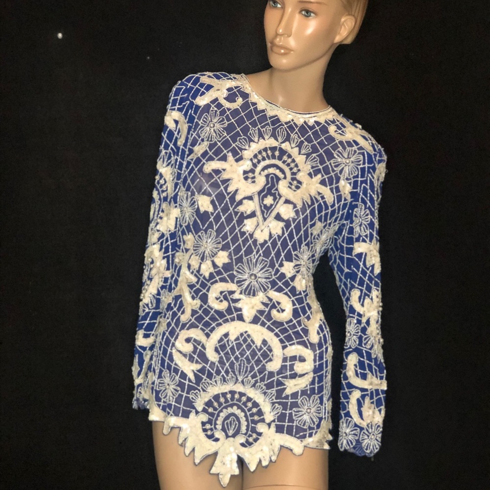 Blue and white hand beaded dress